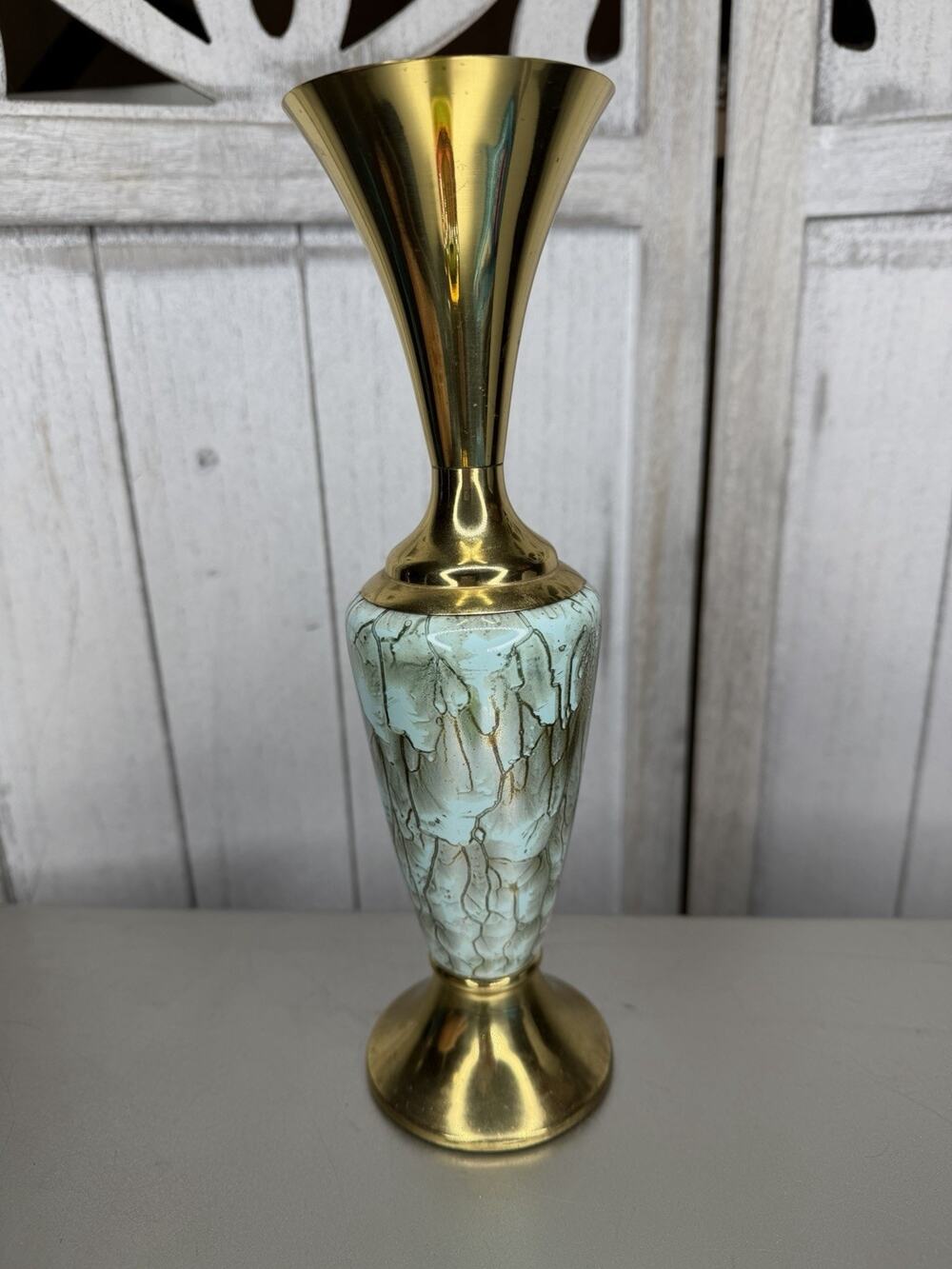 Vintage Delft Holland Brass Porcelain Marbled Handpainted Vase Decor MCM